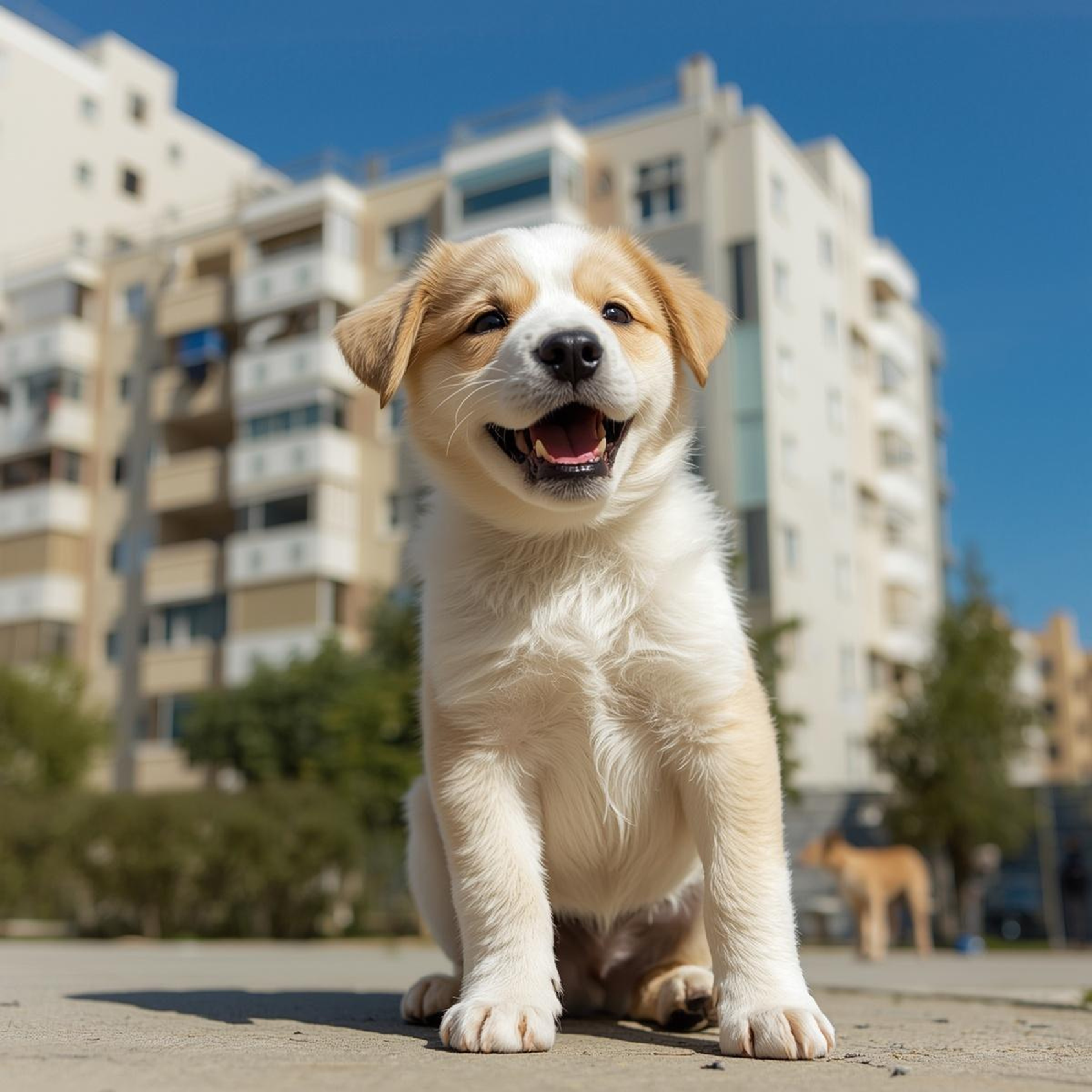 A cute, happy white and tan puppy sitting outdoors with apartment buildings under a clear blue sky.