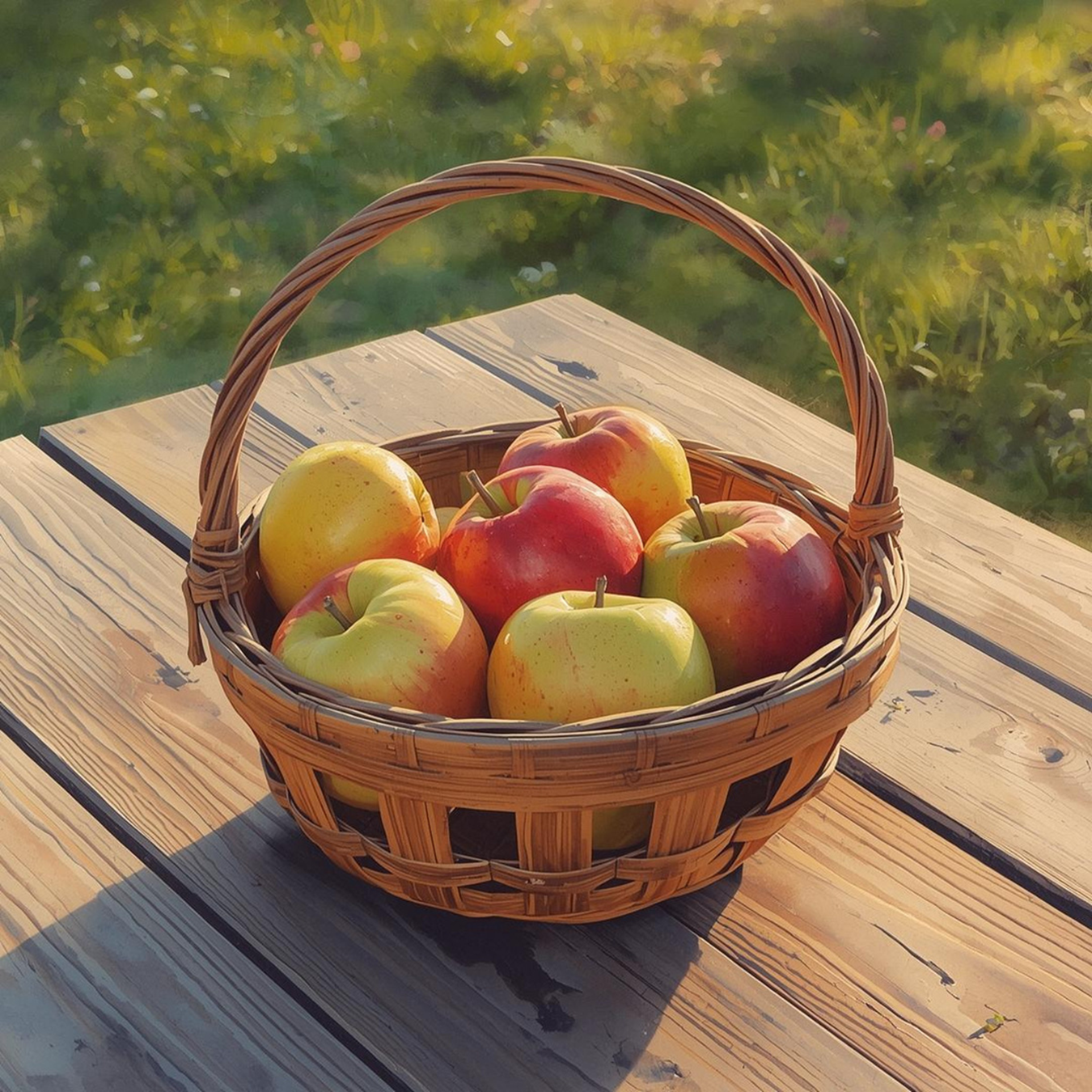A woven willow basket filled with several red and yellow apples on a wooden picnic table.